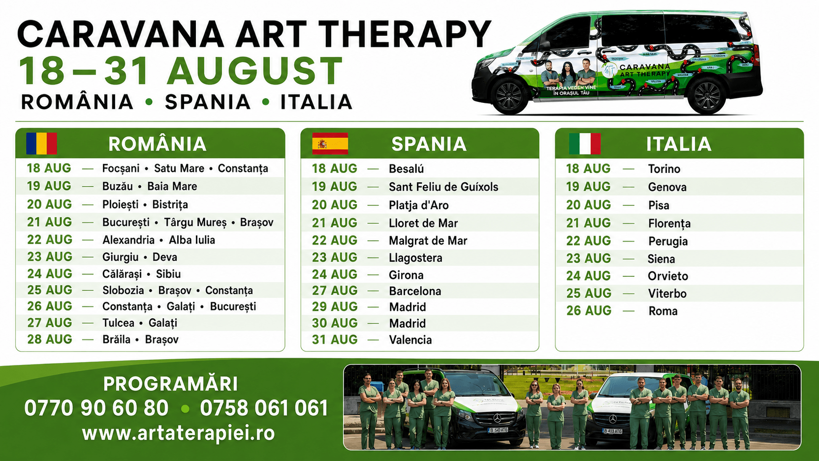 Programul până la sfârșitul lunii august: Caravana Art Therapy în România, Spania și Italia