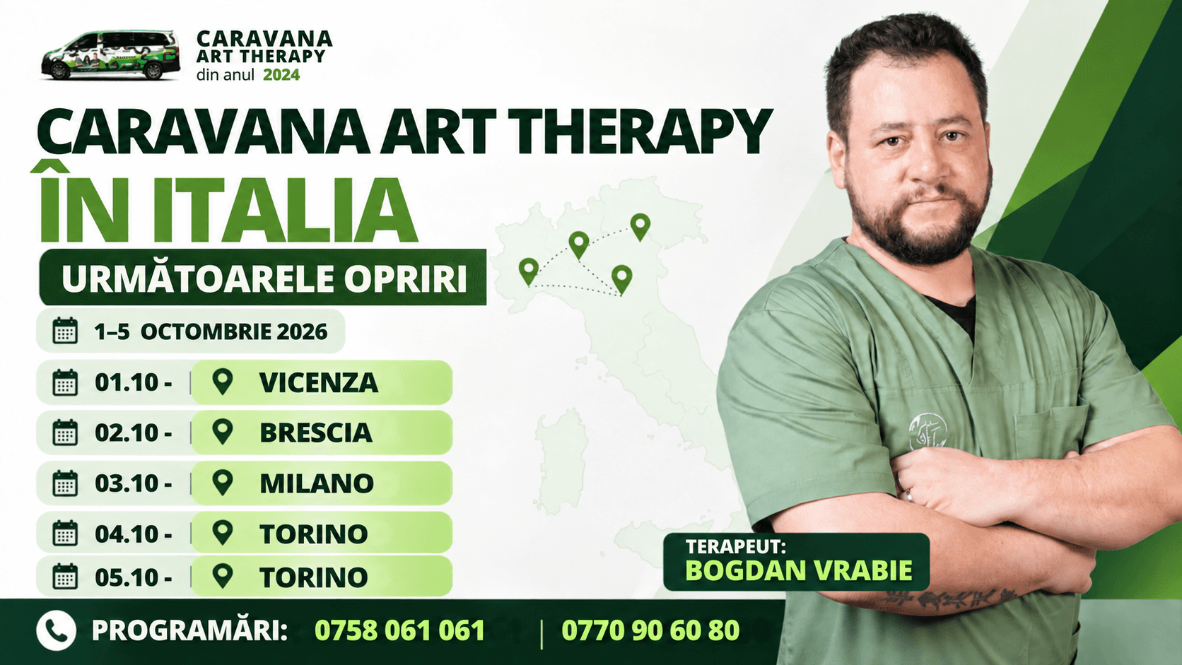 Caravana Art Therapy continuă în Italia: Vicenza, Brescia, Milano și Torino între 1 și 4 octombrie